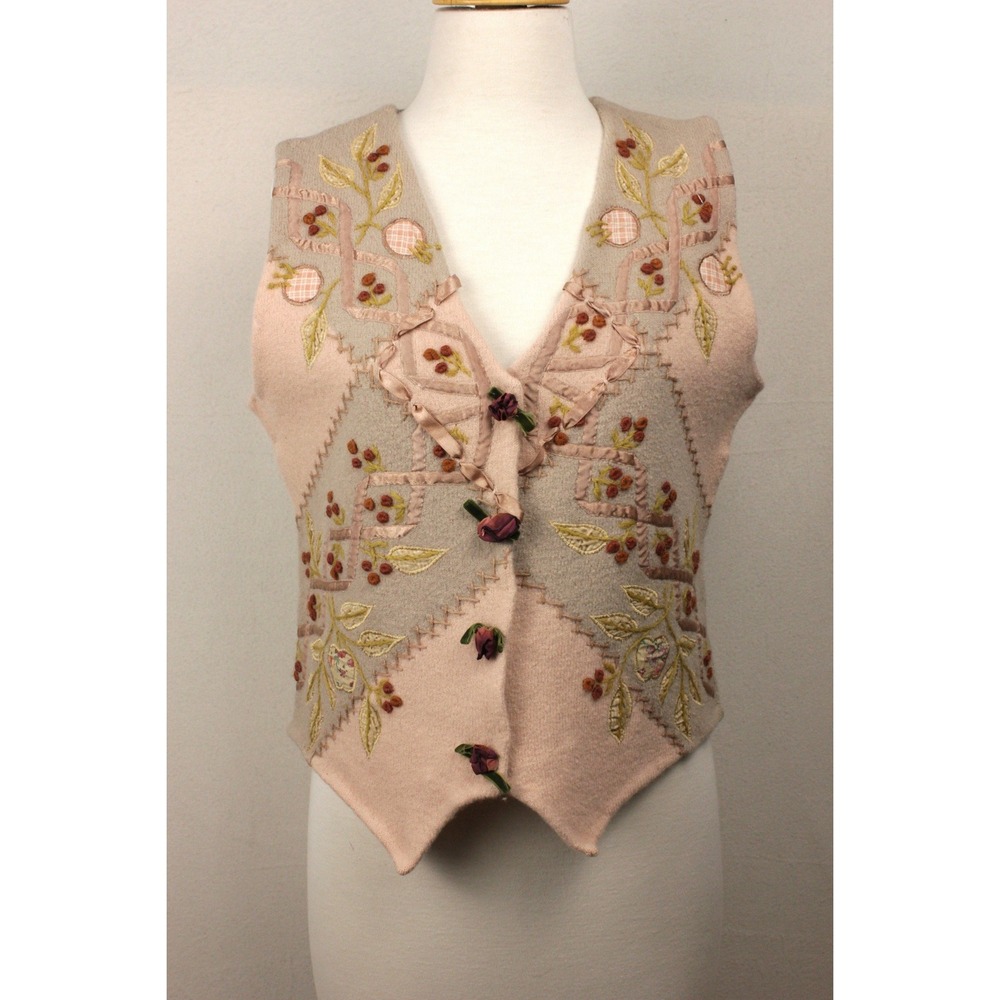 Vintage Eagle's Eye‎ Wool Embroidered Applique Sweater Vest Rosebud Floral M